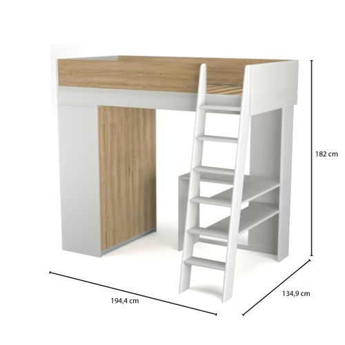 Lit Mezzanine Combiné Memphis   Blanc Et Bois 90x190 Cm