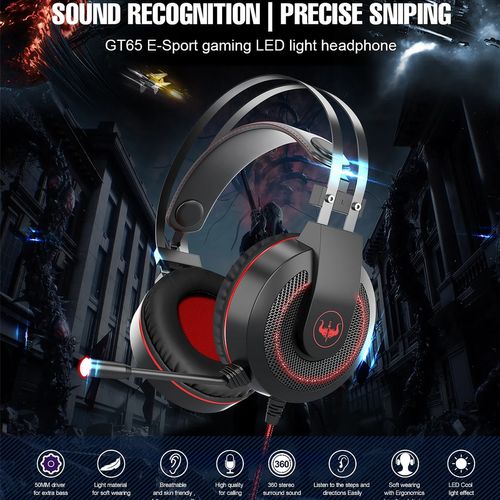 Casque Gamer Gt65 Rouge Avec Micro Et LED Pour PC Et Consoles - Haut-parleur 40mm - Contrôle Volume
