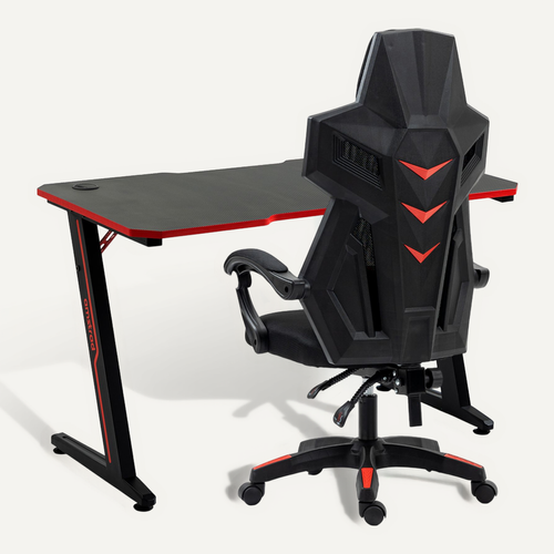 Pack Bureau Gamer 120cm Rouge & Fauteuil Mesh AMS-209 - Bureau Style Carbone Avec Porte-gobelet Et Support Casque