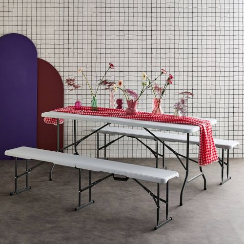 Set De Table Et Bancs De Réception. 180cm. Pliables. Avec Poignée De Transport. Plastique Blanc.