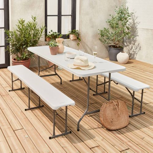 Set De Table Et Bancs De Réception. 180cm. Pliables. Avec Poignée De Transport. Plastique Blanc.