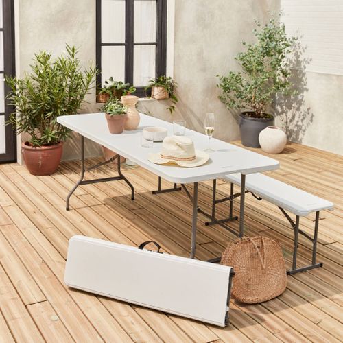 Set De Table Et Bancs De Réception. 180cm. Pliables. Avec Poignée De Transport. Plastique Blanc.