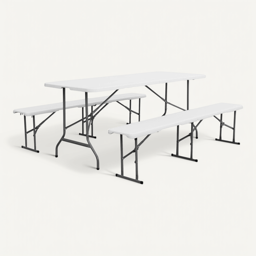 Set De Table Et Bancs De Réception. 180cm. Pliables. Avec Poignée De Transport. Plastique Blanc.