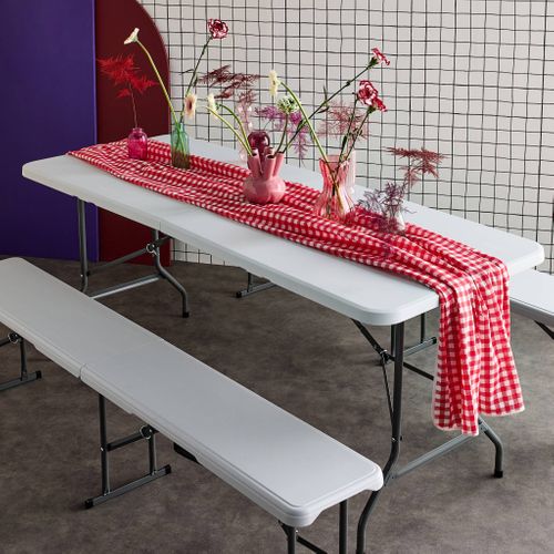 Set De Table Et Bancs De Réception. 180cm. Pliables. Avec Poignée De Transport. Plastique Blanc.