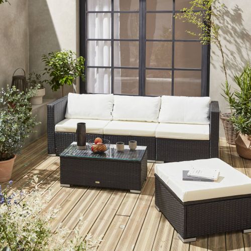Salon De Jardin En Résine Pour 4 Personnes - Torino – Résine Noir Et Coussins écru