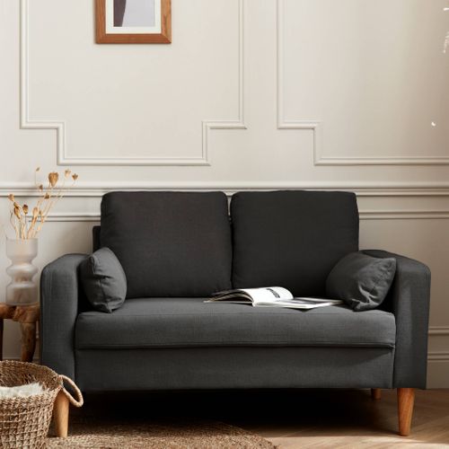 Canapé En Tissu Gris Chiné Foncé - Bjorn - Canapé 2 Places Fixe Droit Pieds Bois. Style Scandinave