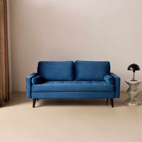 Canapé En Velours Bleu Pétrole. 3 Places Scandinave Fixe. Droit. Pieds Bois Noir