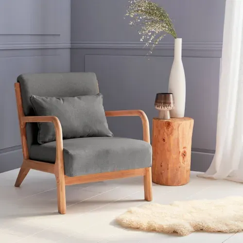 Fauteuil Design En Bois Et Tissu. 1 Place Droit Fixe. Pieds Compas Scandinave. Structure En Bois