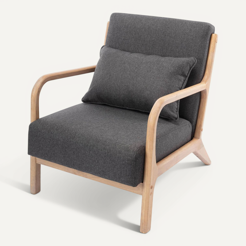 Fauteuil Design En Bois Et Tissu. 1 Place Droit Fixe. Pieds Compas Scandinave. Structure En Bois