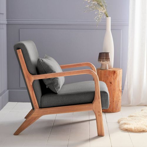 Fauteuil Design En Bois Et Tissu. 1 Place Droit Fixe. Pieds Compas Scandinave. Structure En Bois