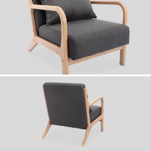 Fauteuil Design En Bois Et Tissu. 1 Place Droit Fixe. Pieds Compas Scandinave. Structure En Bois
