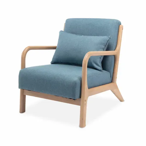 Fauteuil Design En Bois Et Tissu. 1 Place Droit Fixe. Pieds Compas Scandinave. Assise Confortable.