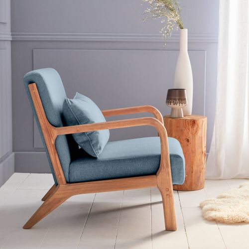 Fauteuil Design En Bois Et Tissu. 1 Place Droit Fixe. Pieds Compas Scandinave. Assise Confortable.
