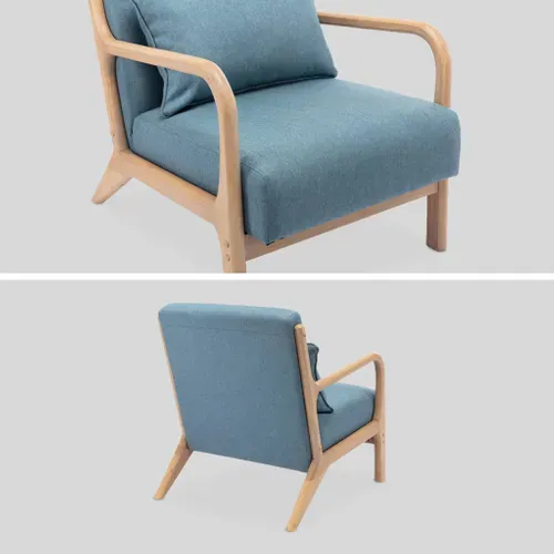 Fauteuil Design En Bois Et Tissu. 1 Place Droit Fixe. Pieds Compas Scandinave. Assise Confortable.