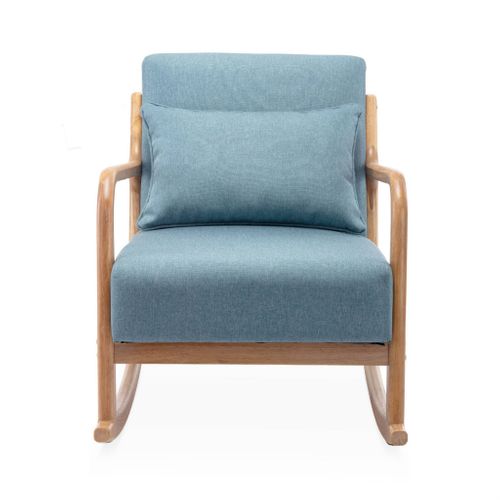 Fauteuil à Bascule Design En Bois Et Tissu. 1 Place. Rocking Chair Scandinave. Bleu