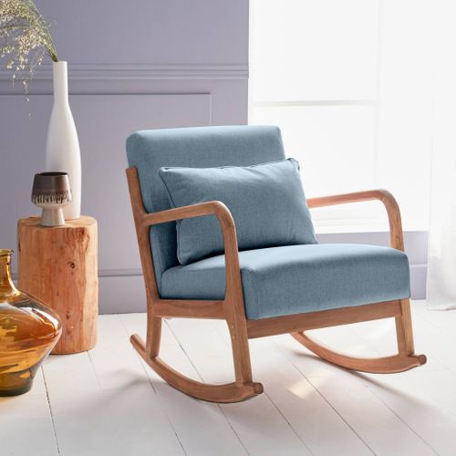 Fauteuil à Bascule Design En Bois Et Tissu. 1 Place. Rocking Chair Scandinave. Bleu