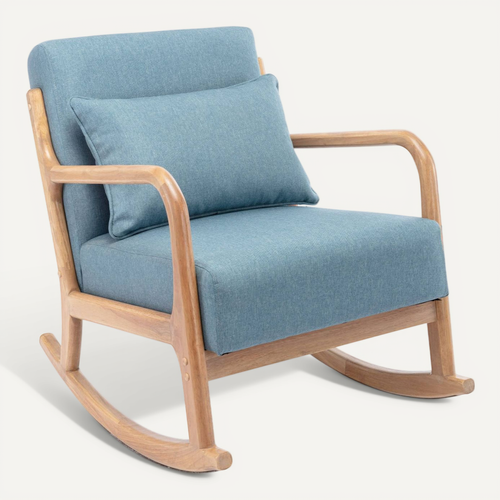 Fauteuil à Bascule Design En Bois Et Tissu. 1 Place. Rocking Chair Scandinave. Bleu