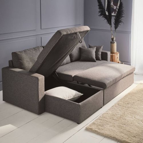 Canapé D'angle Convertible En Tissu Gris Chiné Foncé Ida - 3 Places - Fauteuil D'angle Réversible