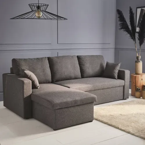 Canapé D'angle Convertible En Tissu Gris Chiné Foncé Ida - 3 Places - Fauteuil D'angle Réversible