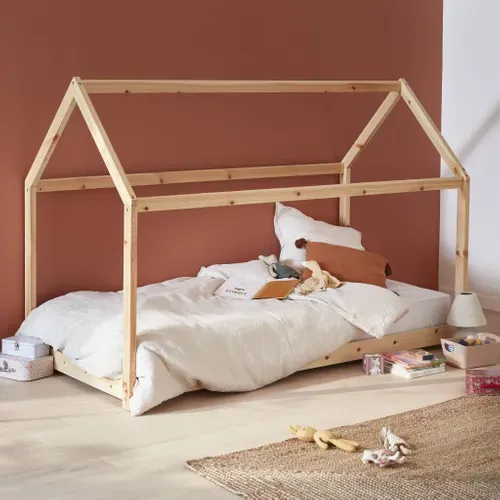 Lit Cabane Montessori. Bois Massif En Pin Naturel - Tobias - Sommier Inclus. 90 X 190 Cm