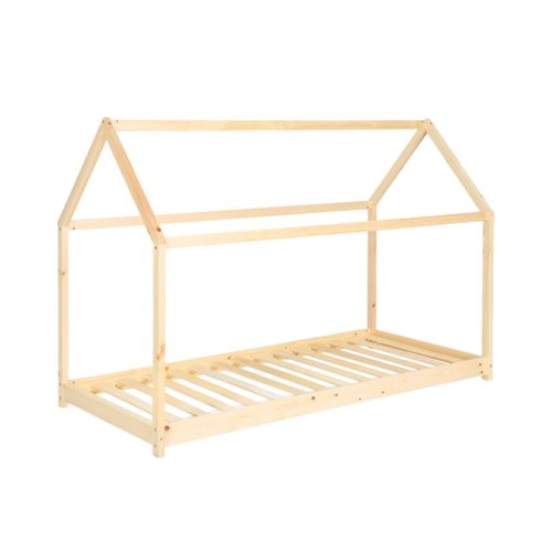Lit Cabane Montessori. Bois Massif En Pin Naturel - Tobias - Sommier Inclus. 90 X 190 Cm