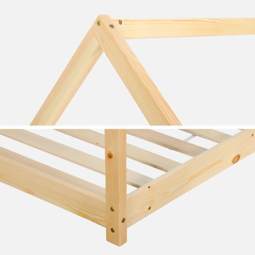 Lit Cabane Montessori. Bois Massif En Pin Naturel - Tobias - Sommier Inclus. 90 X 190 Cm