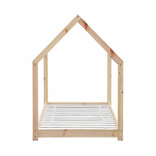 Lit Cabane Montessori. Bois Massif En Pin Naturel - Tobias - Sommier Inclus. 90 X 190 Cm