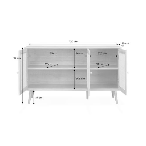 Buffet De Rangement En Cannage 120x39x70cm - Bohème - 2 Niveaux. 3 Portes. Pieds Scandinaves.