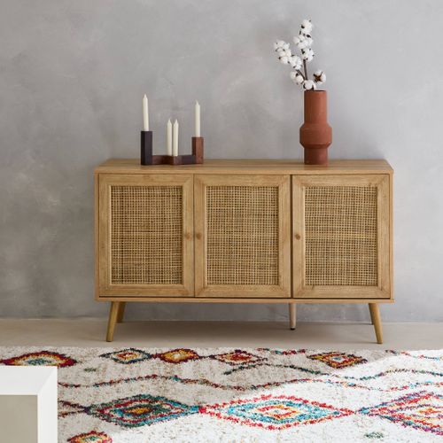 Buffet De Rangement En Cannage 120x39x70cm - Bohème - 2 Niveaux. 3 Portes. Pieds Scandinaves.