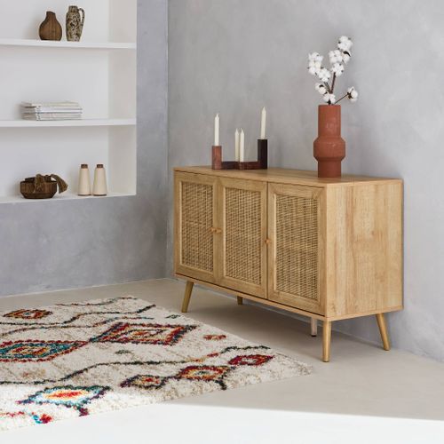 Buffet De Rangement En Cannage 120x39x70cm - Bohème - 2 Niveaux. 3 Portes. Pieds Scandinaves.