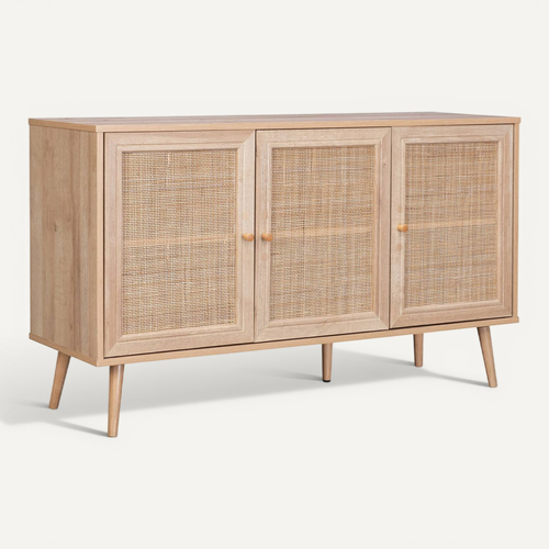 Buffet De Rangement En Cannage 120x39x70cm - Bohème - 2 Niveaux. 3 Portes. Pieds Scandinaves.