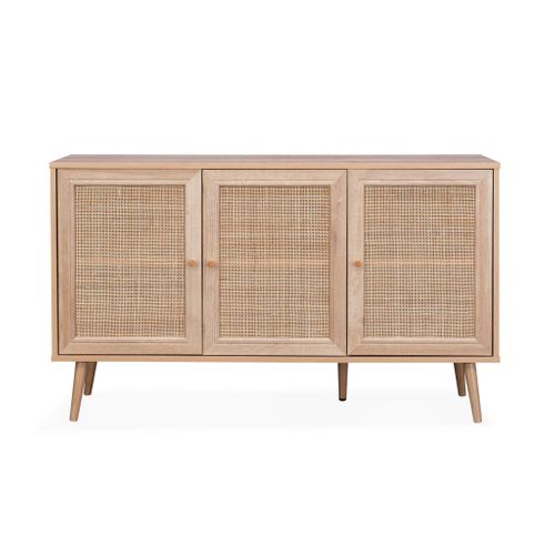 Buffet De Rangement En Cannage 120x39x70cm - Bohème - 2 Niveaux. 3 Portes. Pieds Scandinaves.