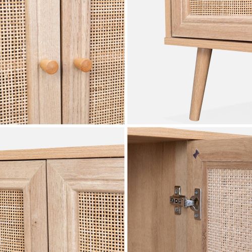 Buffet De Rangement En Cannage 120x39x70cm - Bohème - 2 Niveaux. 3 Portes. Pieds Scandinaves.