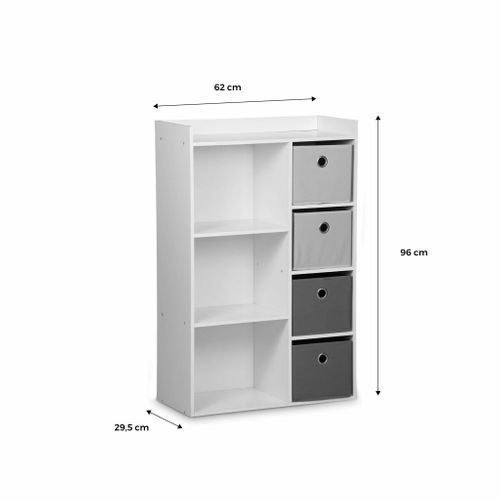 Meuble De Rangement Pour Enfant. Blanc - Camille - Avec 7 Compartiments Et 4 Paniers Gris Et Bleus