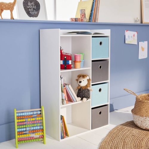 Meuble De Rangement Pour Enfant. Blanc - Camille - Avec 7 Compartiments Et 4 Paniers Gris Et Bleus