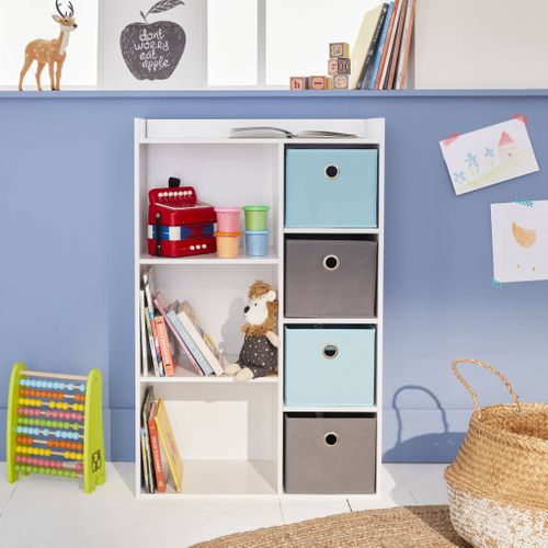 Meuble De Rangement Pour Enfant. Blanc - Camille - Avec 7 Compartiments Et 4 Paniers Gris Et Bleus