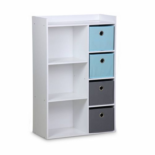 Meuble De Rangement Pour Enfant. Blanc - Camille - Avec 7 Compartiments Et 4 Paniers Gris Et Bleus