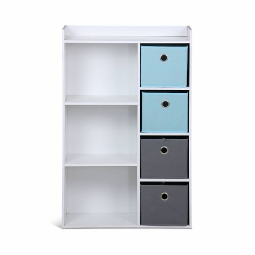 Meuble De Rangement Pour Enfant. Blanc - Camille - Avec 7 Compartiments Et 4 Paniers Gris Et Bleus