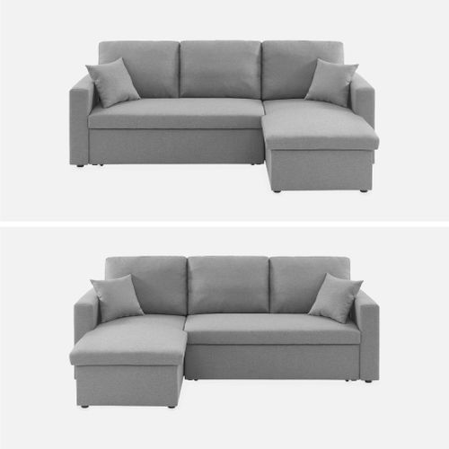 Canapé D'angle Convertible En Tissu Gris Clair - Ida - 3 Places. Fauteuil D'angle Réversible Coffre