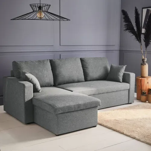 Canapé D'angle Convertible En Tissu Gris Clair - Ida - 3 Places. Fauteuil D'angle Réversible Coffre