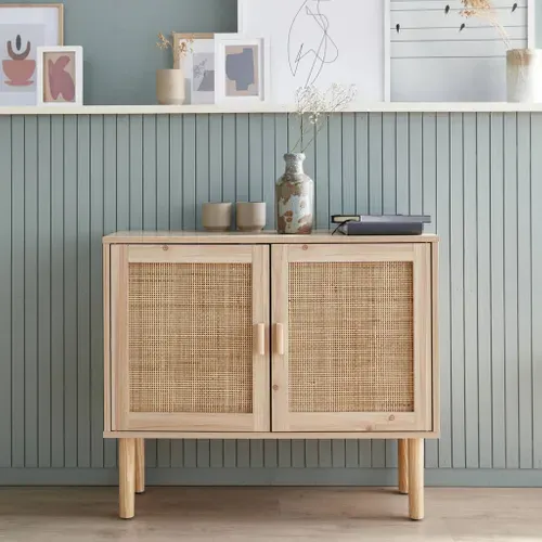 Buffet En Décor Bois Et Cannage - Camargue - 2 Portes. Buffet Bas. 80x30x68cm