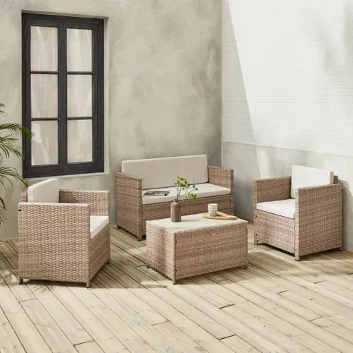 Salon De Jardin En Résine Tressée - Perugia - Résine Naturelle Coussins  Beiges - 4 Places - 1