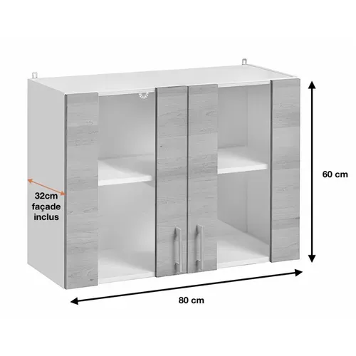 Meuble Haut De Cuisine Eco Noyer Blanchi 2 Portes Vitrées L 80 Cm