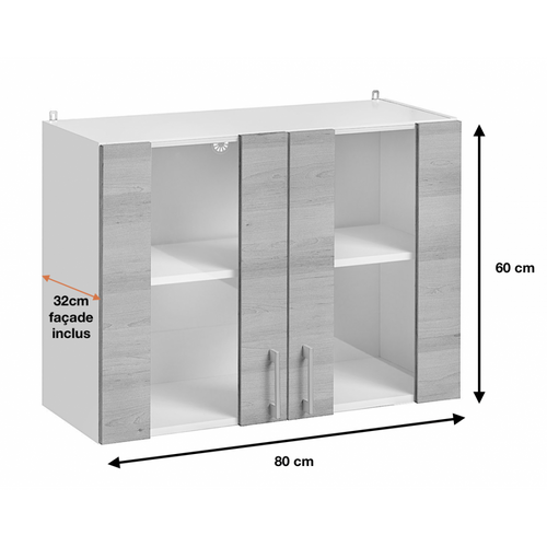 Meuble Haut De Cuisine Eco Blanc Brillant 2 Portes Vitrées L 80 Cm