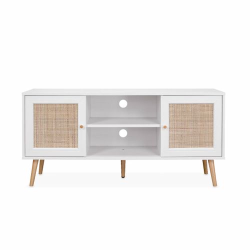 Meuble TV En Cannage 120x39x56.5cm -  Bohème - Blanc. 2 Niveaux. 2 étagères. 2 Portes. Pieds