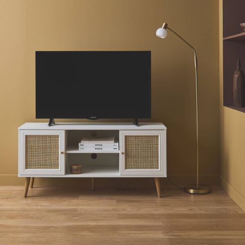 Meuble TV En Cannage 120x39x56.5cm -  Bohème - Blanc. 2 Niveaux. 2 étagères. 2 Portes. Pieds