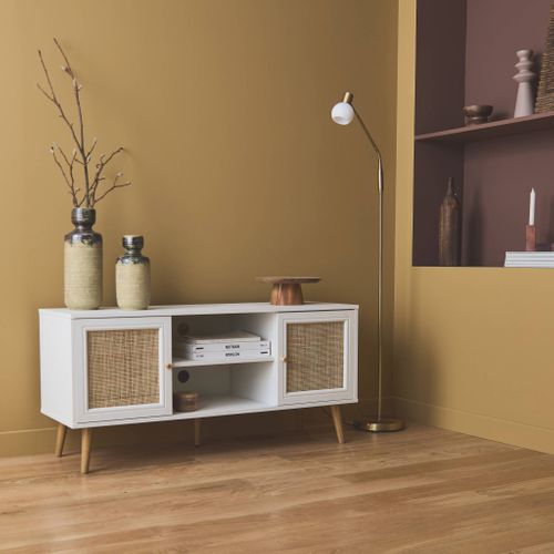 Meuble TV En Cannage 120x39x56.5cm -  Bohème - Blanc. 2 Niveaux. 2 étagères. 2 Portes. Pieds