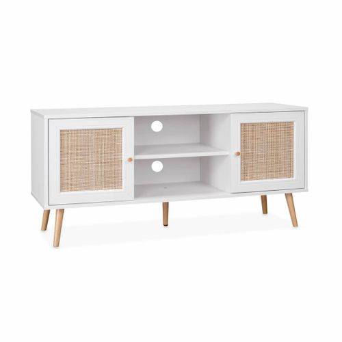 Meuble TV En Cannage 120x39x56.5cm -  Bohème - Blanc. 2 Niveaux. 2 étagères. 2 Portes. Pieds