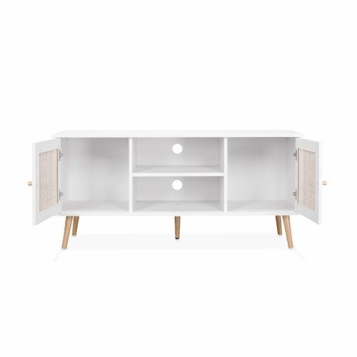 Meuble TV En Cannage 120x39x56.5cm -  Bohème - Blanc. 2 Niveaux. 2 étagères. 2 Portes. Pieds