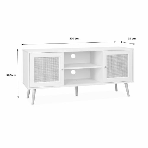 Meuble TV En Cannage 120x39x56.5cm -  Bohème - Blanc. 2 Niveaux. 2 étagères. 2 Portes. Pieds